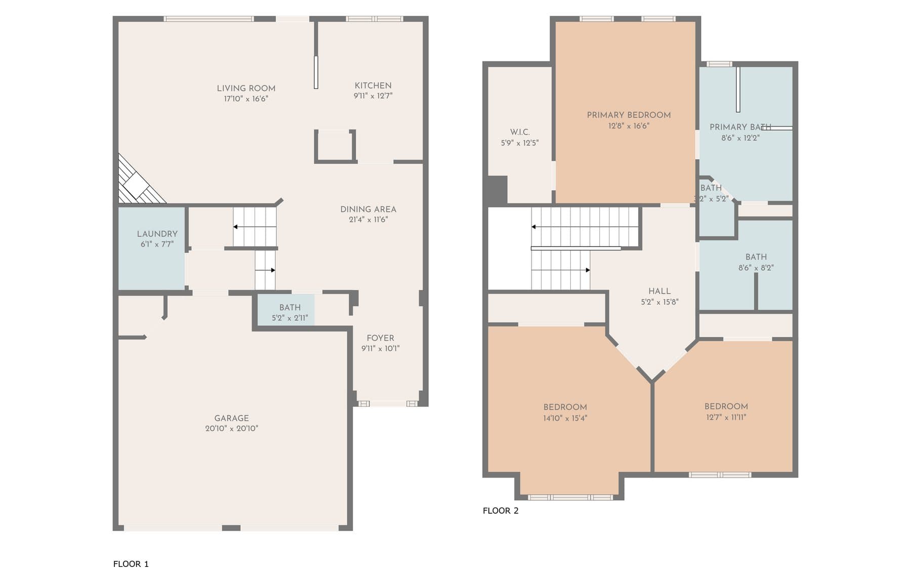 2D floor plan of a two-story home with room measurements