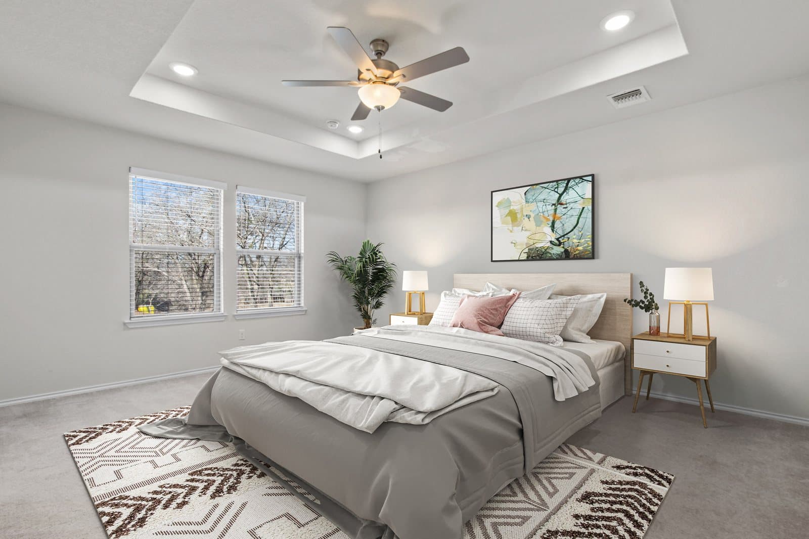 The same bedroom restaged with new furniture