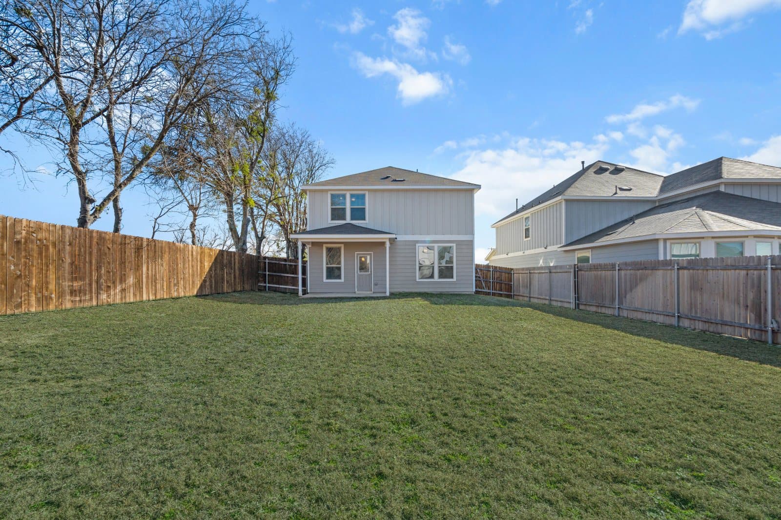 The same backyard with green grass